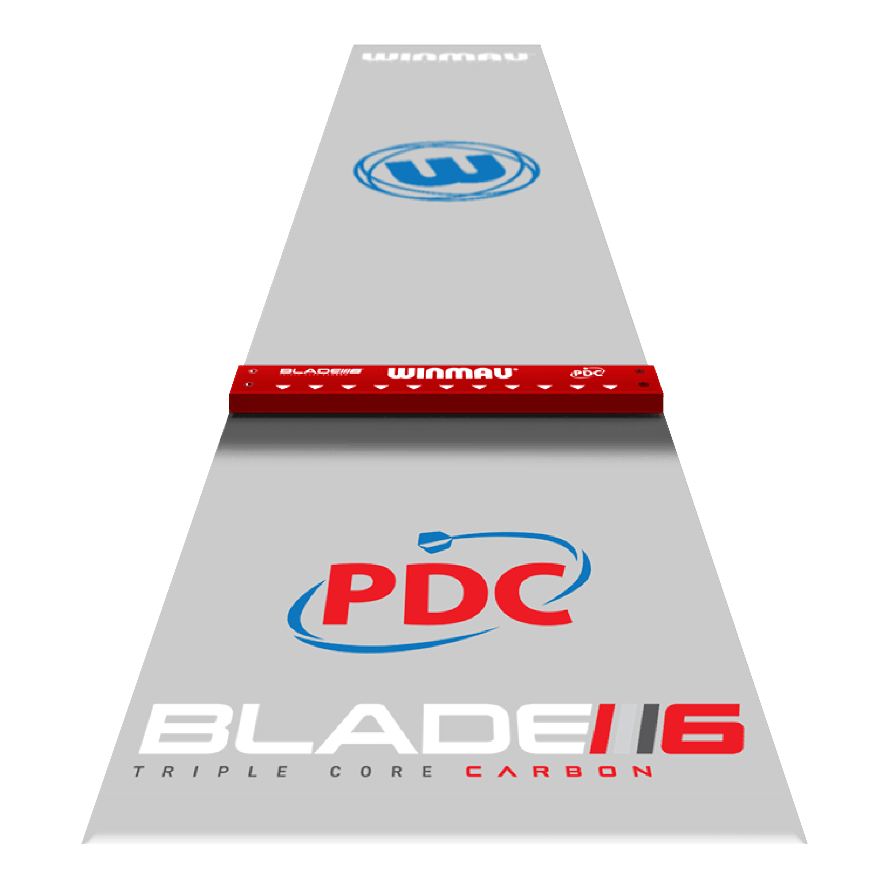 Das Bild zeigt die „Winmau Clearzone PVC Dartmatte mit Oche“ in grau mit farbigen Logos und Markierungen. In der Mitte befindet sich eine rote Abwurflinie (Oche) mit dem Winmau-Schriftzug.